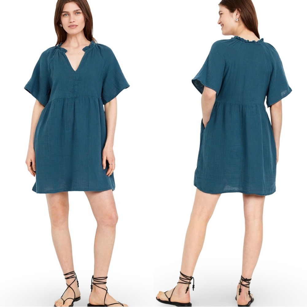 Teal Short Sleeve V-Neck Swing Dress